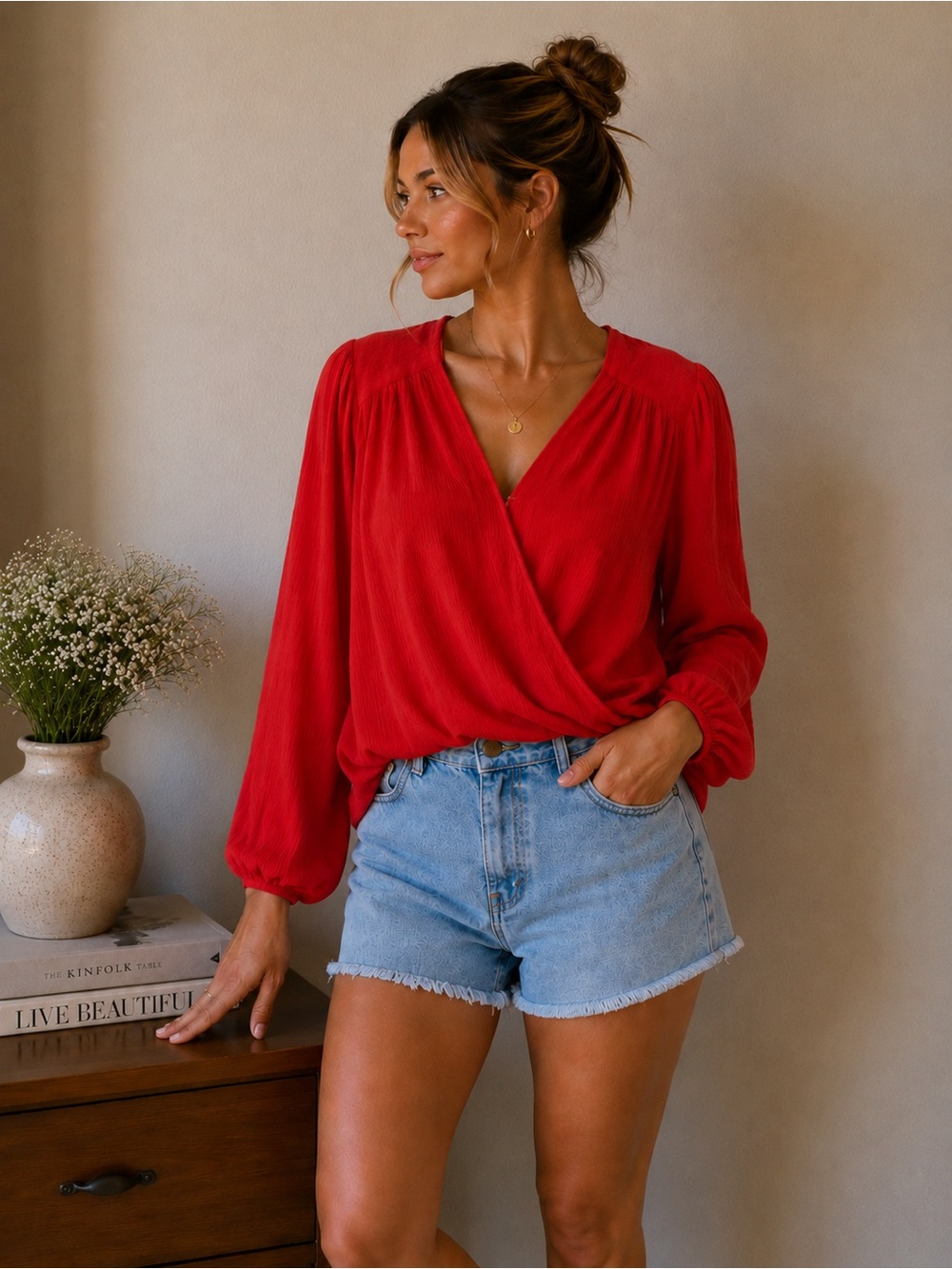 Free People Vibrant Red Wrap Front Blouse